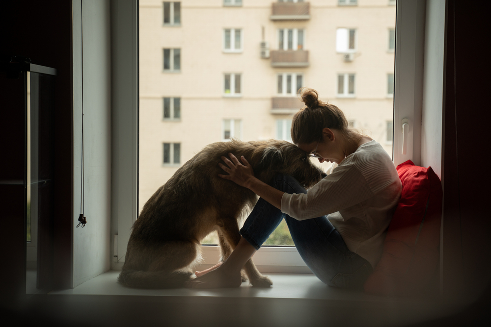 Young woman sitting at home with her shaggy dog, celebrating the pet-owner bond