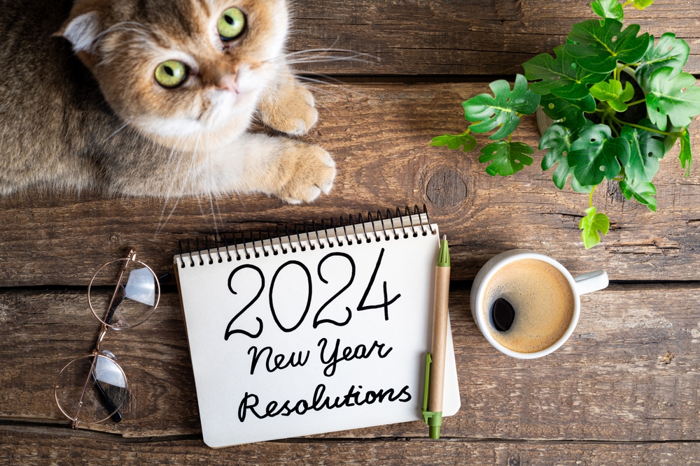 Handwritten 2024 New Year resolutions list on a desk for pet health goal planning